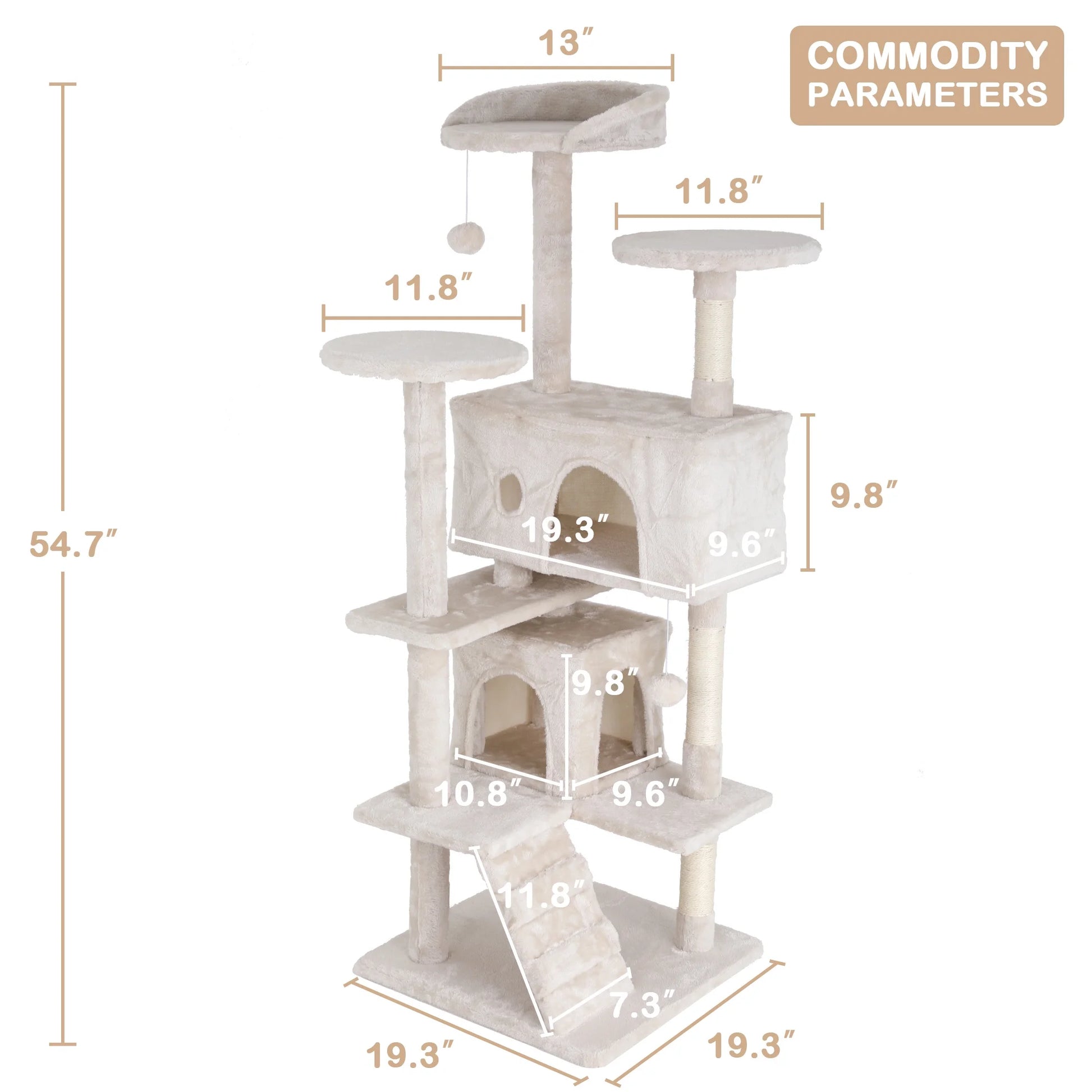 54" Cat Tree Tower – Multi-Level Activity Center with Scratching Posts, Condo, Platforms & Toy Ball (Beige)