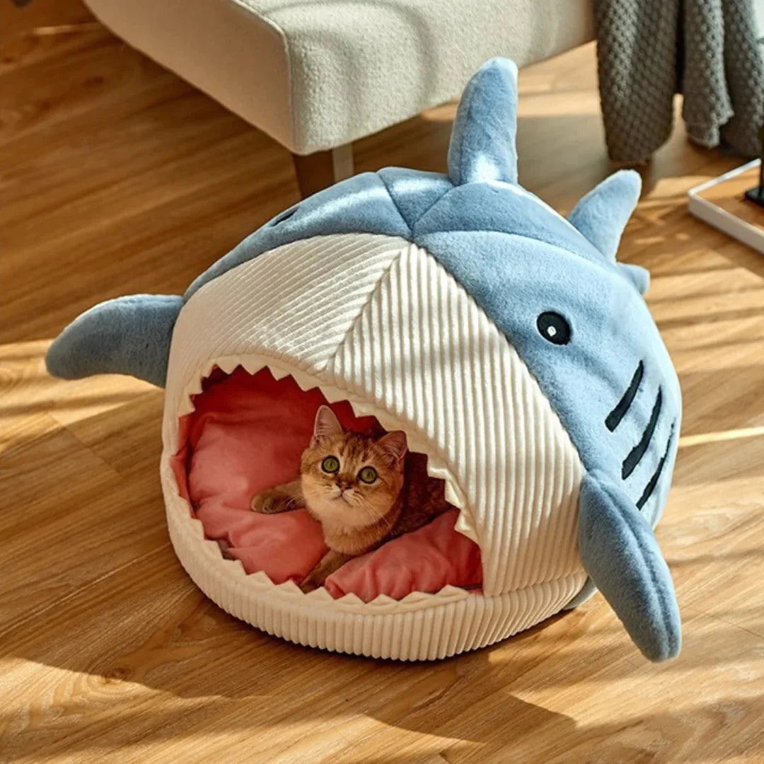 Luxury Plush Shark Pet Bed – Cozy Soft Sleeping Cave for Cats & Small Dogs