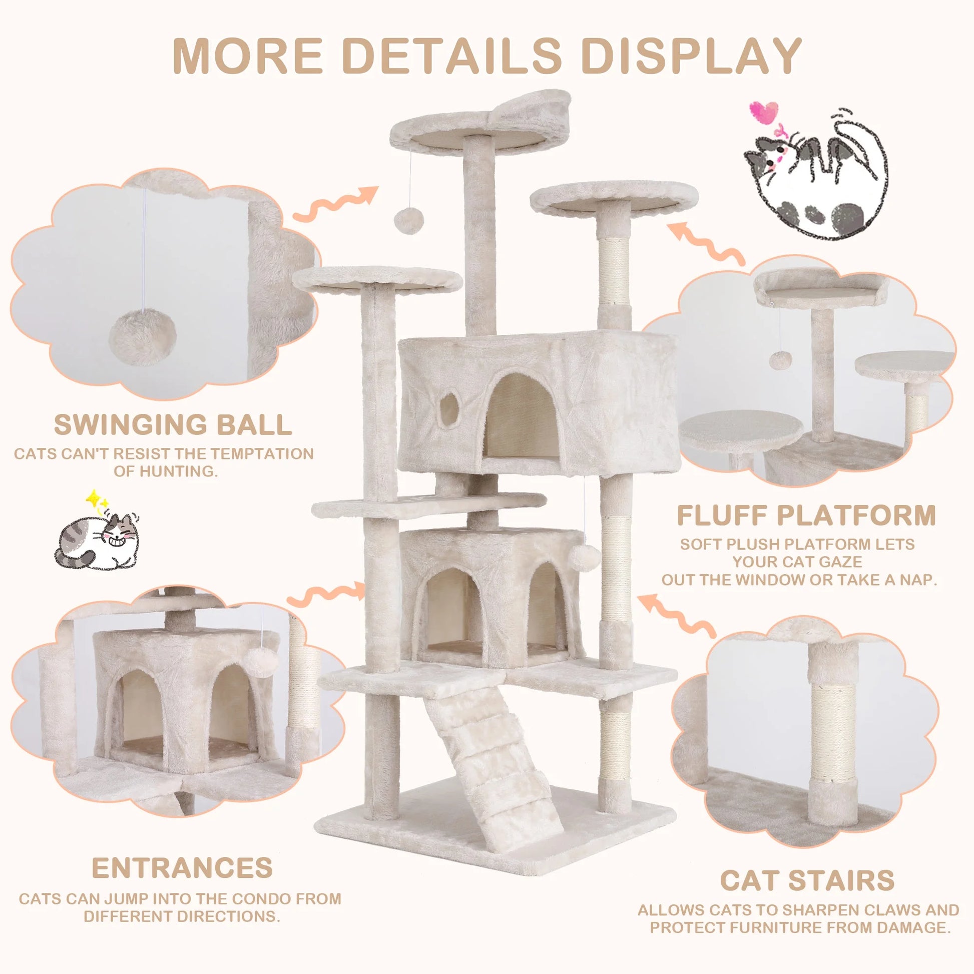 54" Cat Tree Tower – Multi-Level Activity Center with Scratching Posts, Condo, Platforms & Toy Ball (Beige)