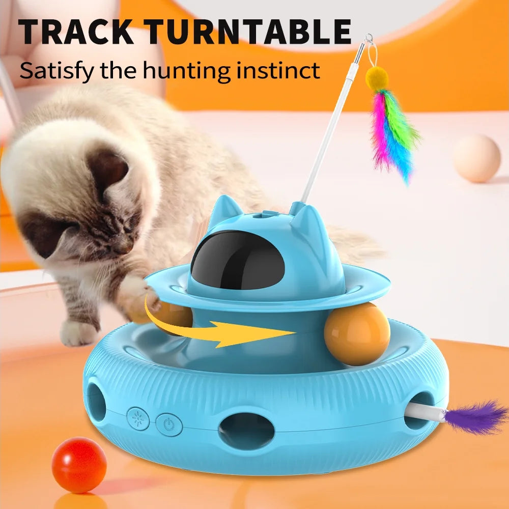 4-in-1 Interactive Cat Toy – USB Rechargeable Laser & Retractable Feather Wand, Indoor Play Activity (Blue)