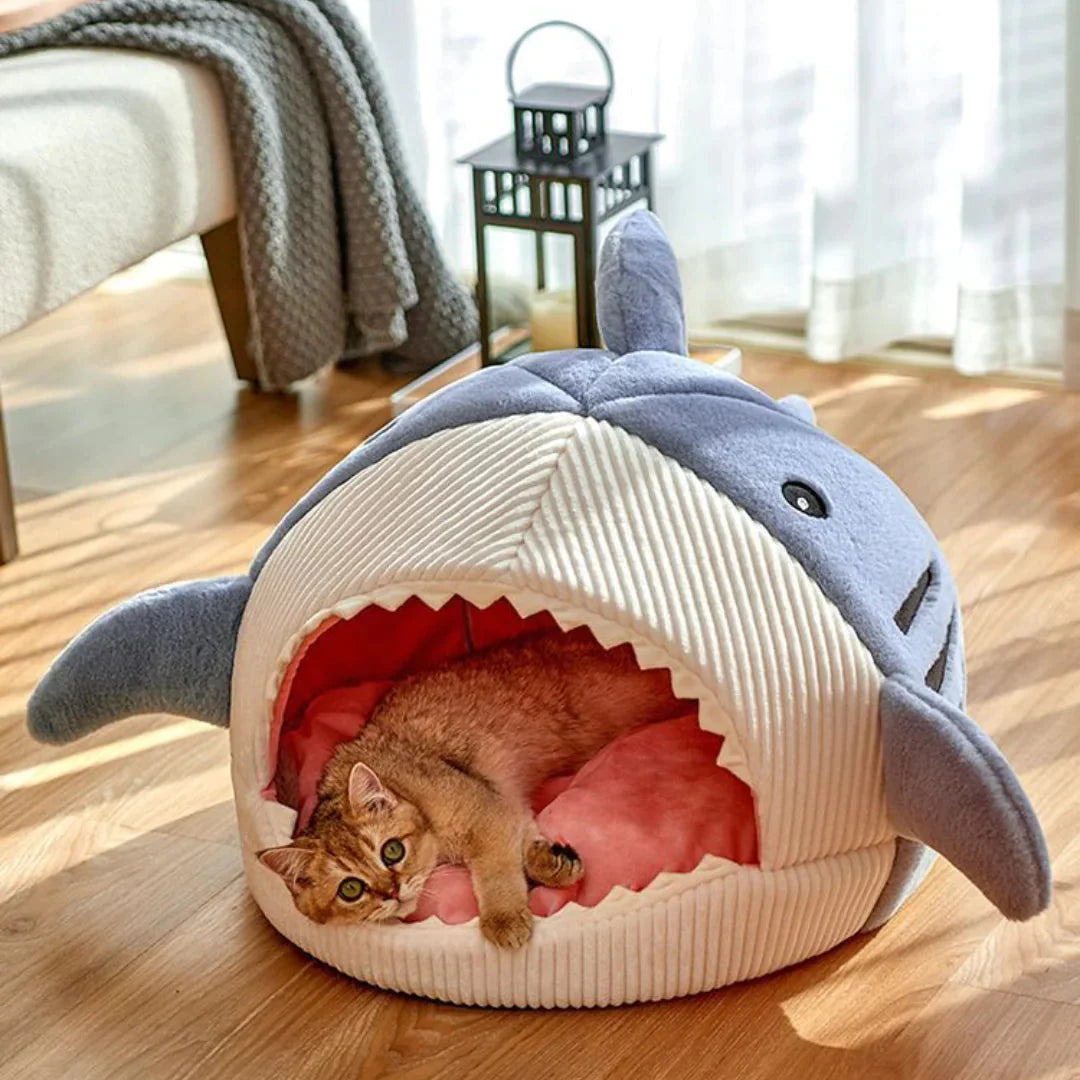 Luxury Plush Shark Pet Bed – Cozy Soft Sleeping Cave for Cats & Small Dogs