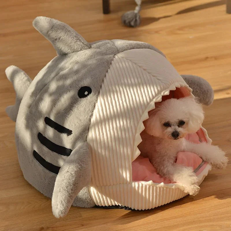 Luxury Plush Shark Pet Bed – Cozy Soft Sleeping Cave for Cats & Small Dogs