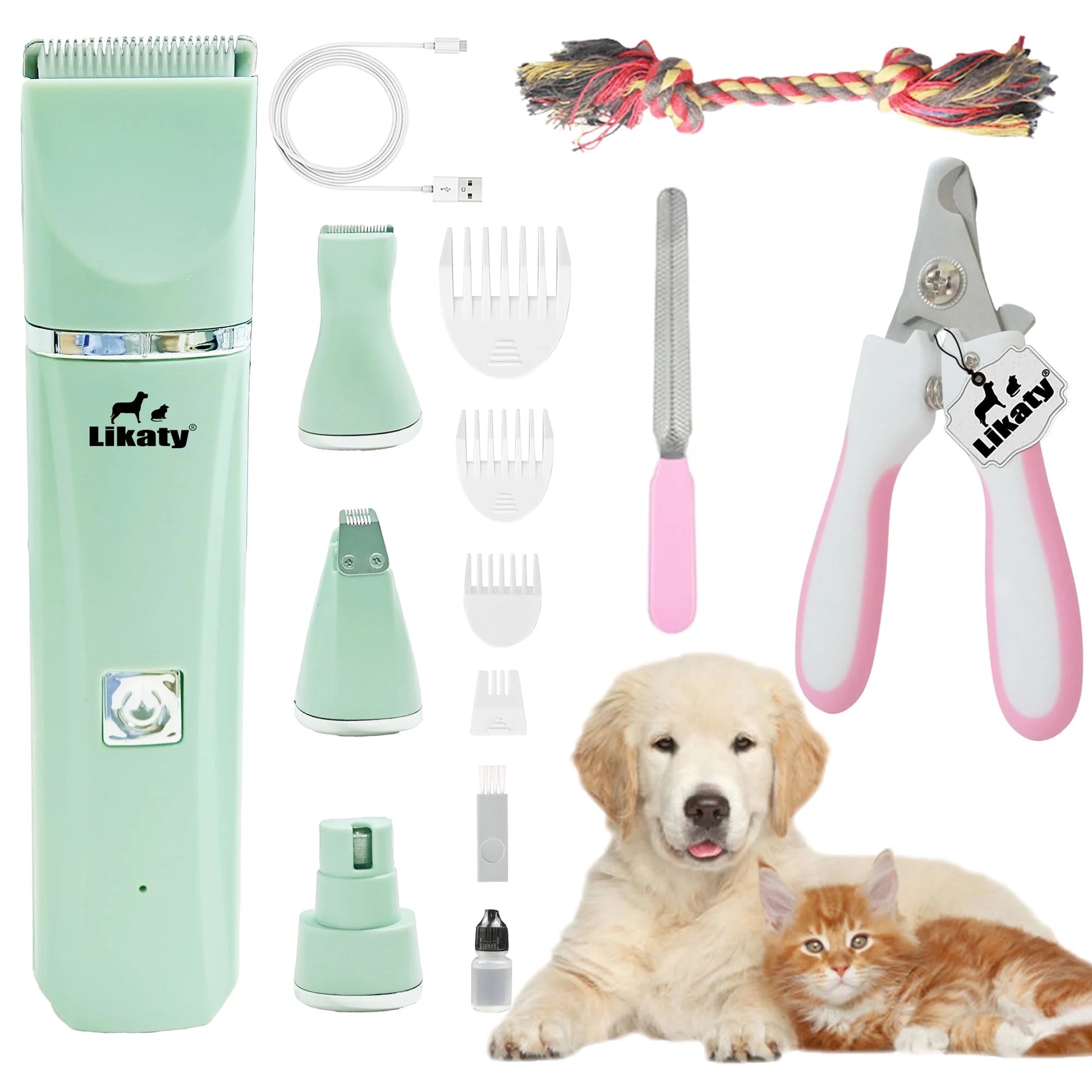 Dog Hair Clippers Grooming Kit – 4-in-1 Cordless Pet Trimmer with Nail Grinder, Low Noise USB Rechargeable Clippers for Dogs & Cats