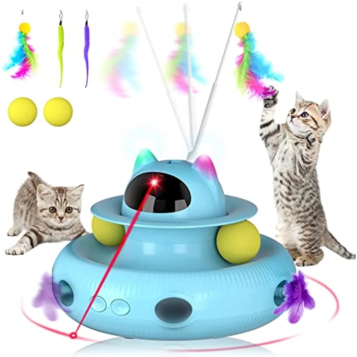 4-in-1 Interactive Cat Toy – USB Rechargeable Laser & Retractable Feather Wand, Indoor Play Activity (Blue)