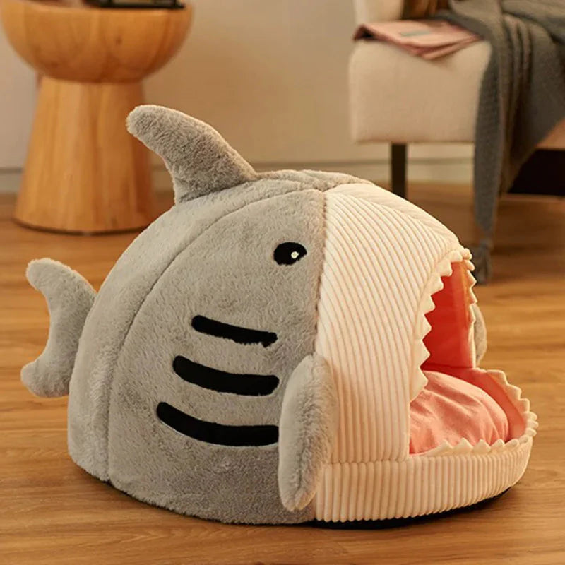 Luxury Plush Shark Pet Bed – Cozy Soft Sleeping Cave for Cats & Small Dogs