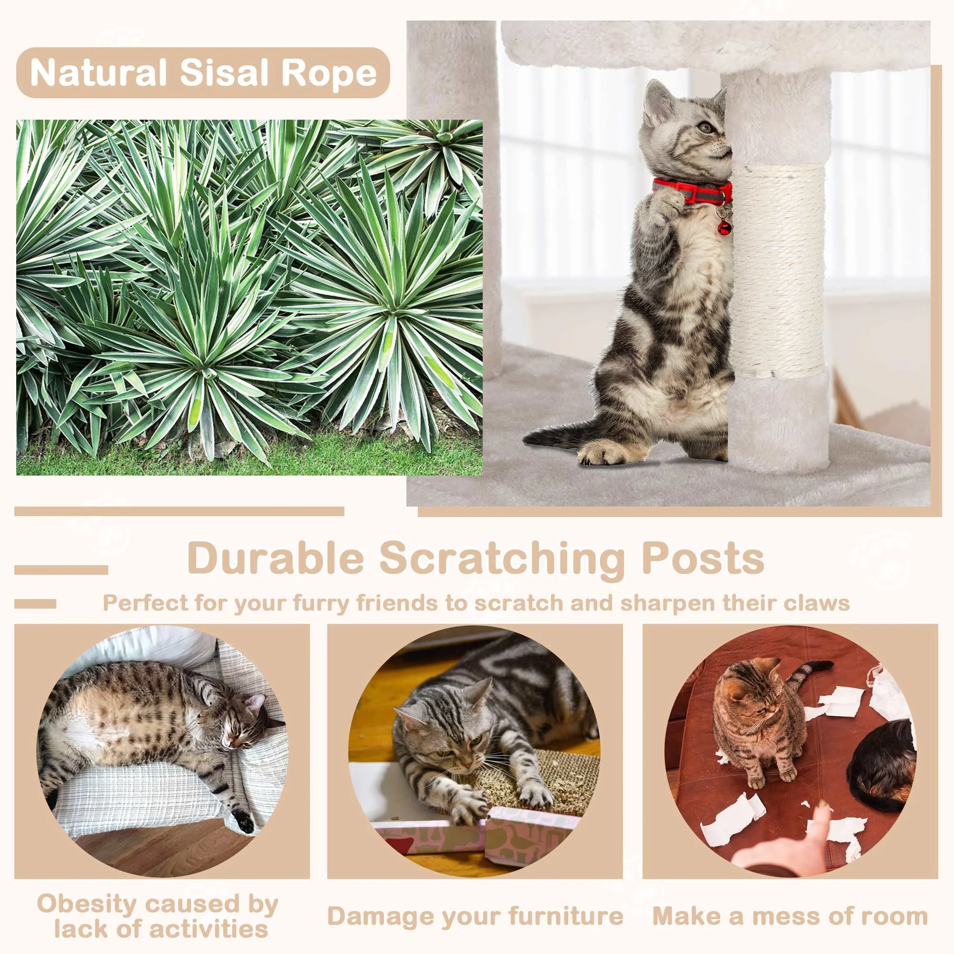 54" Cat Tree Tower – Multi-Level Activity Center with Scratching Posts, Condo, Platforms & Toy Ball (Beige)