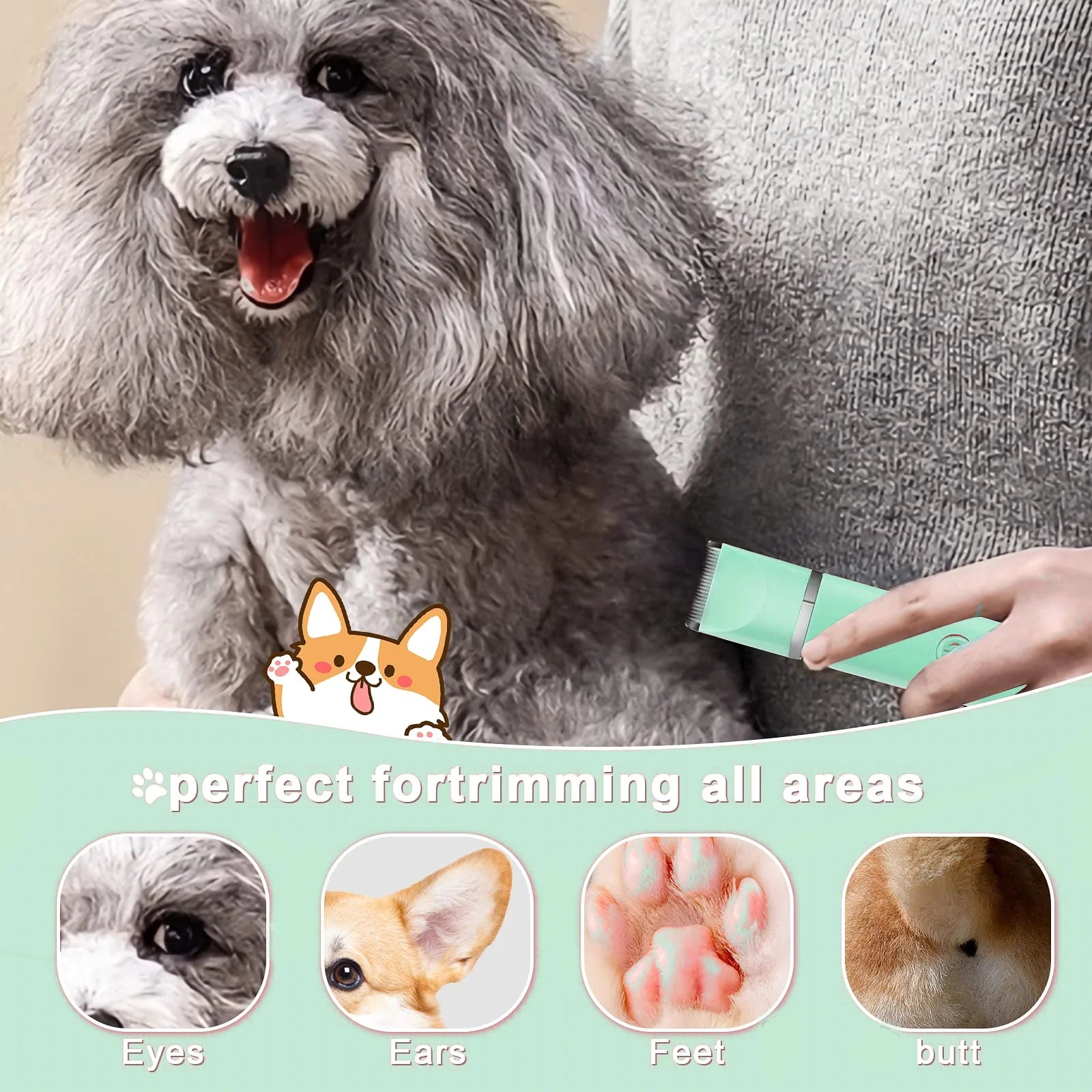 Dog Hair Clippers Grooming Kit – 4-in-1 Cordless Pet Trimmer with Nail Grinder, Low Noise USB Rechargeable Clippers for Dogs & Cats