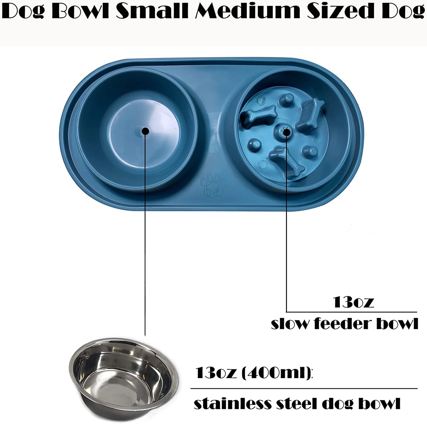 Dog Bowls Small Medium Sized Dog Food Bowl, Slow Feeder Dog Bowl Set, Stainless Steel Dog Bowls, Non-Skid Cat Dog Food and Water Bowls by (Navy)