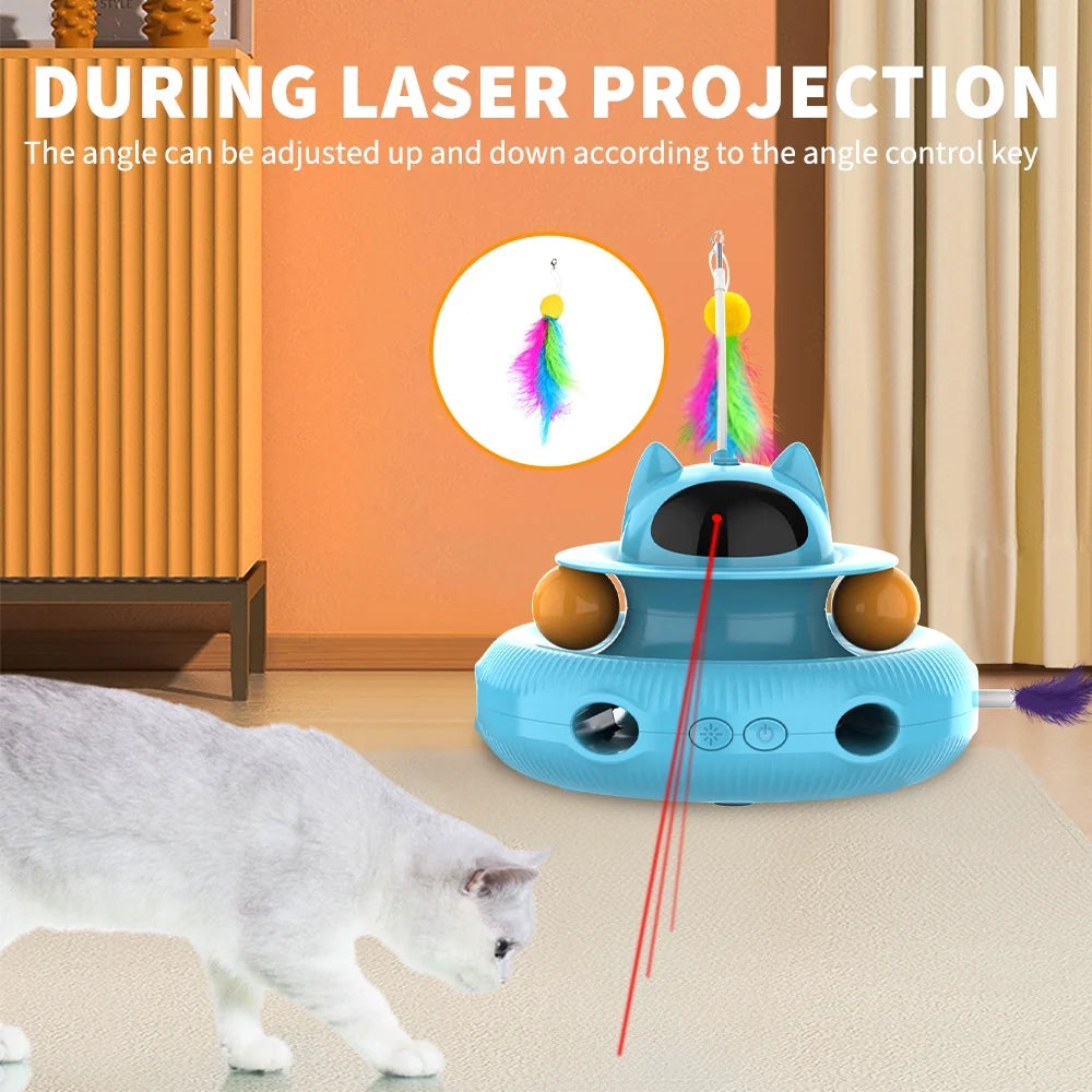 4-in-1 Interactive Cat Toy – USB Rechargeable Laser & Retractable Feather Wand, Indoor Play Activity (Blue)