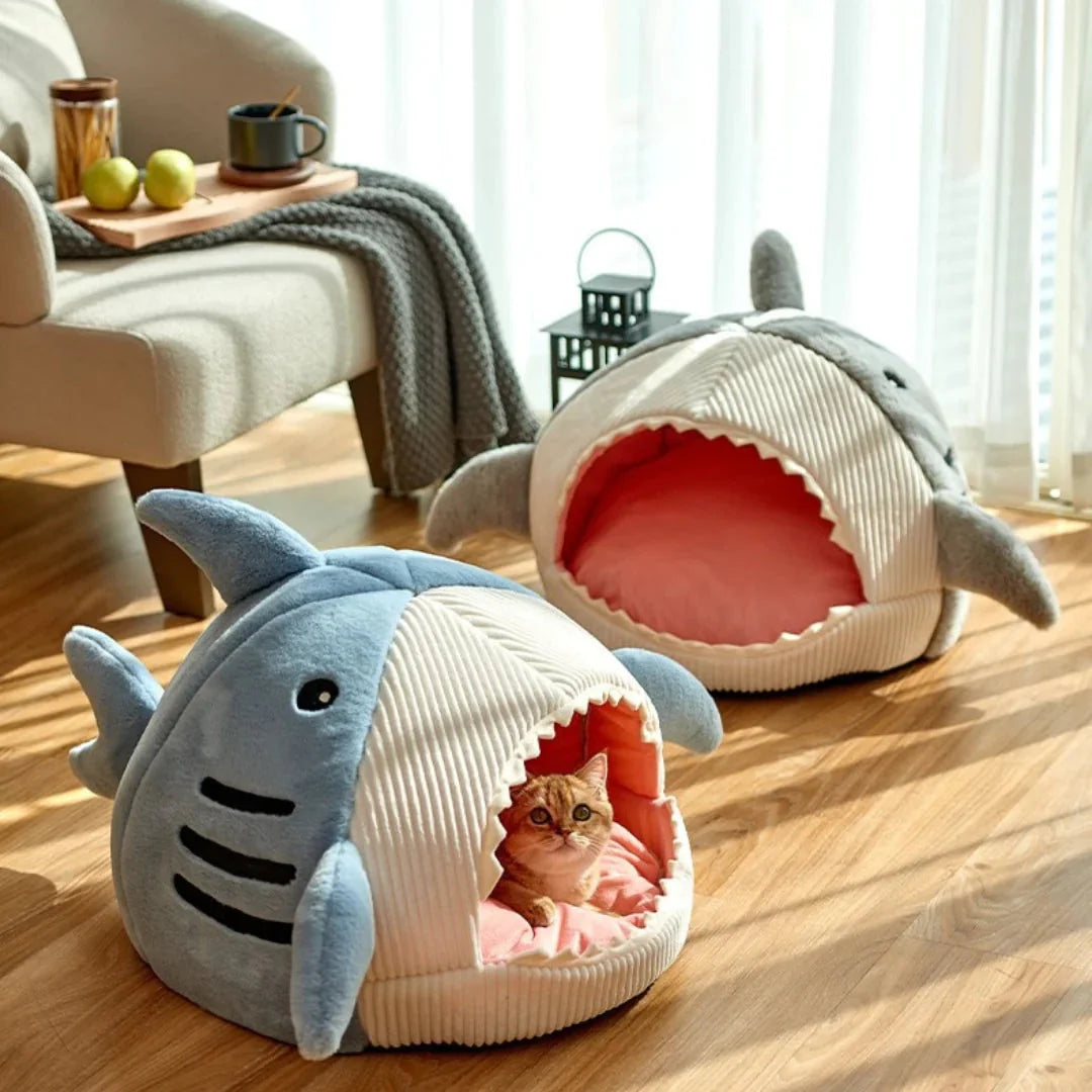 Luxury Plush Shark Pet Bed – Cozy Soft Sleeping Cave for Cats & Small Dogs