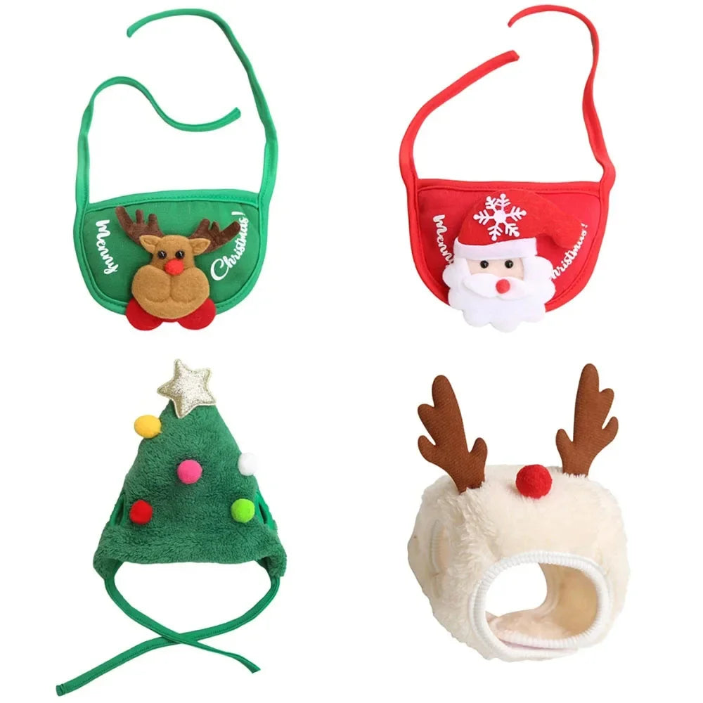 Christmas Pet Costume Set – Dog & Cat Santa Hat with Bandana Scarf | Holiday Dress-Up Accessories for Pets