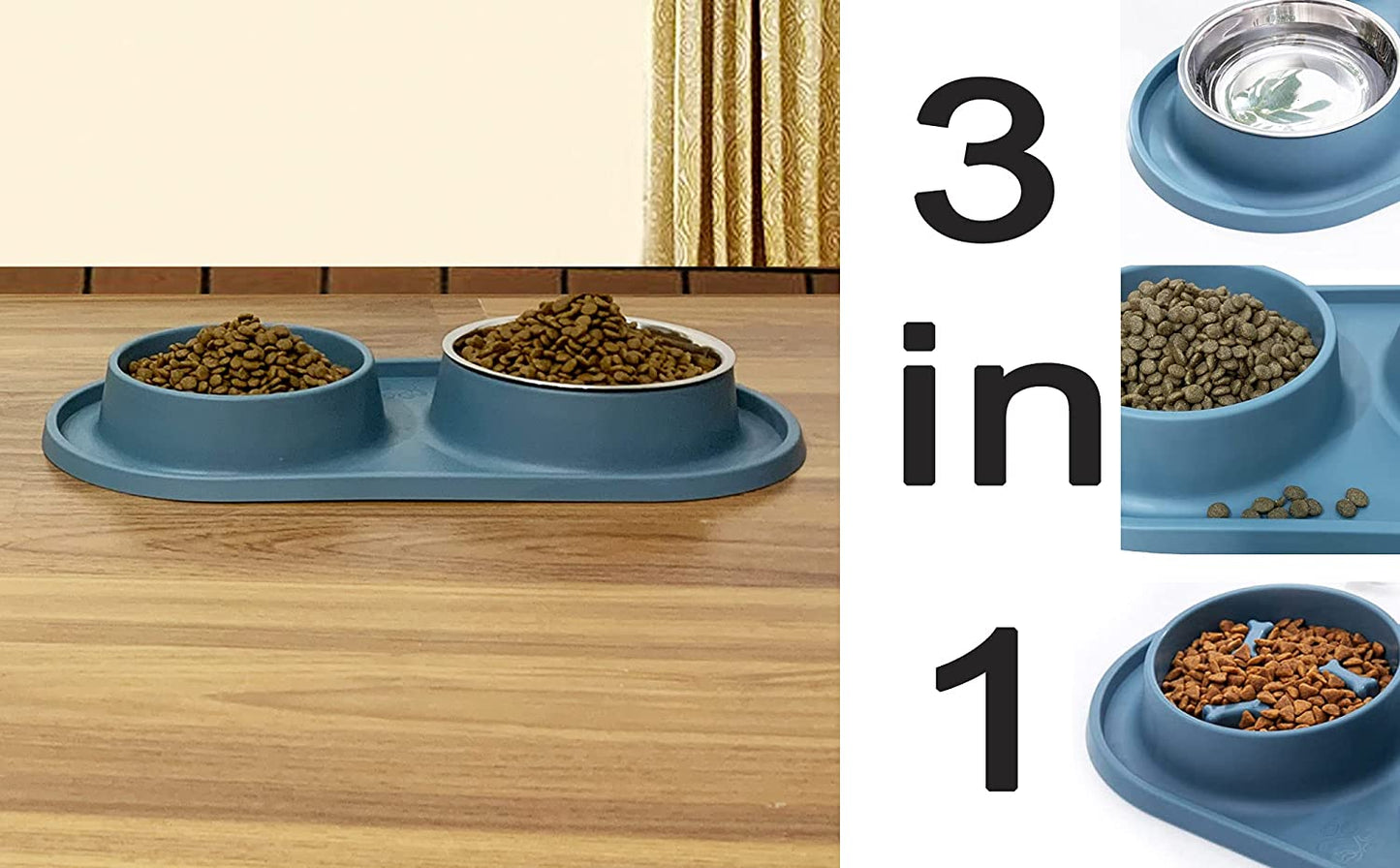 Dog Bowls Small Medium Sized Dog Food Bowl, Slow Feeder Dog Bowl Set, Stainless Steel Dog Bowls, Non-Skid Cat Dog Food and Water Bowls by (Navy)