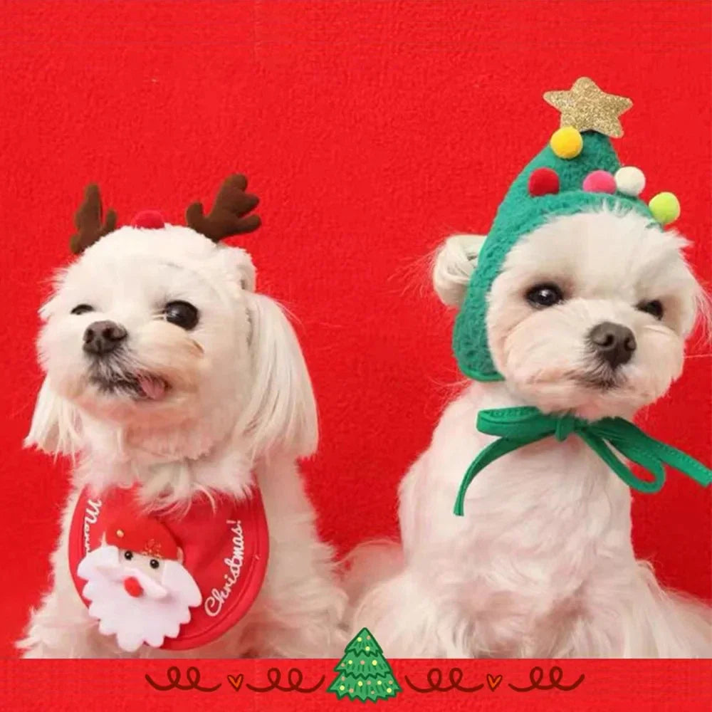 Christmas Pet Costume Set – Dog & Cat Santa Hat with Bandana Scarf | Holiday Dress-Up Accessories for Pets