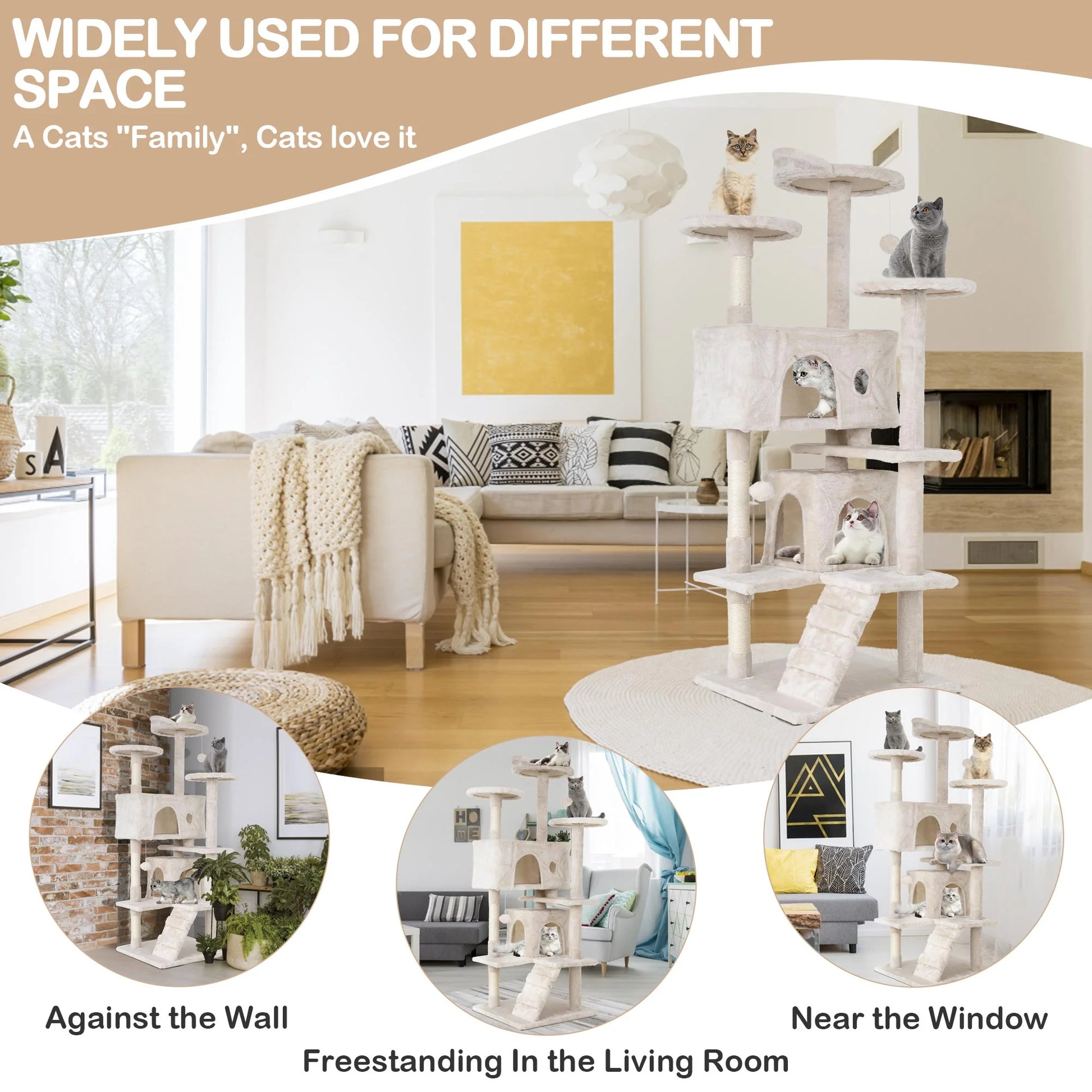 54" Cat Tree Tower – Multi-Level Activity Center with Scratching Posts, Condo, Platforms & Toy Ball (Beige)