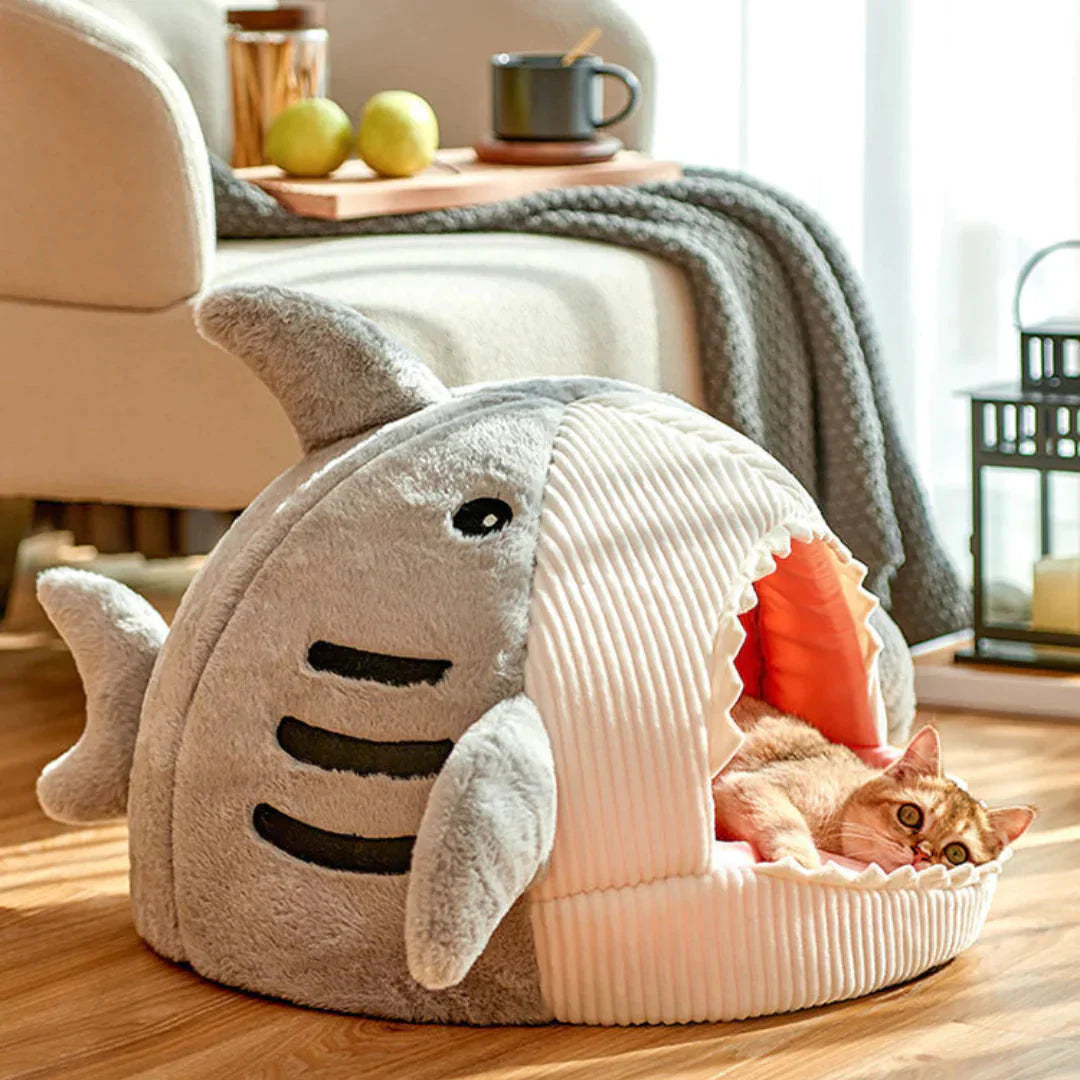 Luxury Plush Shark Pet Bed – Cozy Soft Sleeping Cave for Cats & Small Dogs