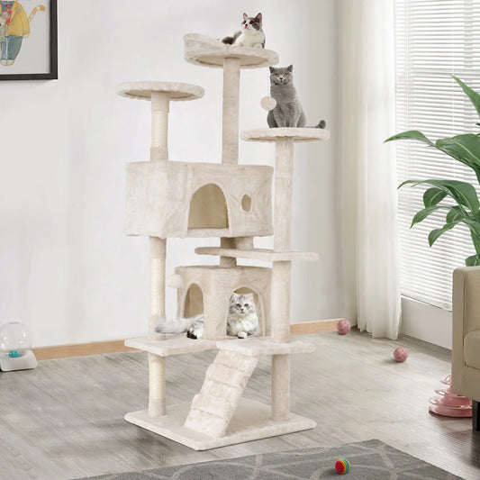 54" Cat Tree Tower – Multi-Level Activity Center with Scratching Posts, Condo, Platforms & Toy Ball (Beige)