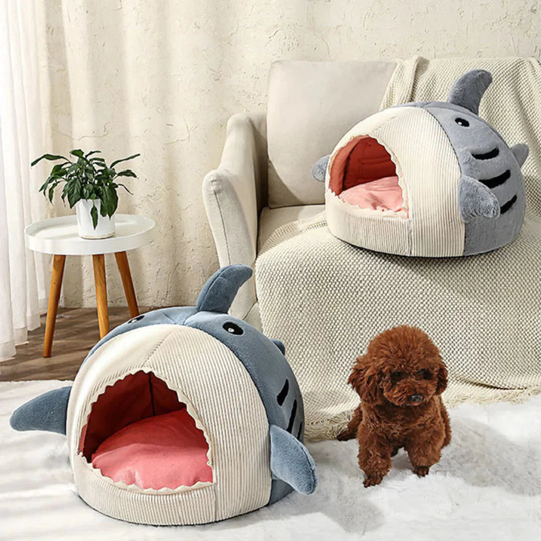Luxury Plush Shark Pet Bed – Cozy Soft Sleeping Cave for Cats & Small Dogs