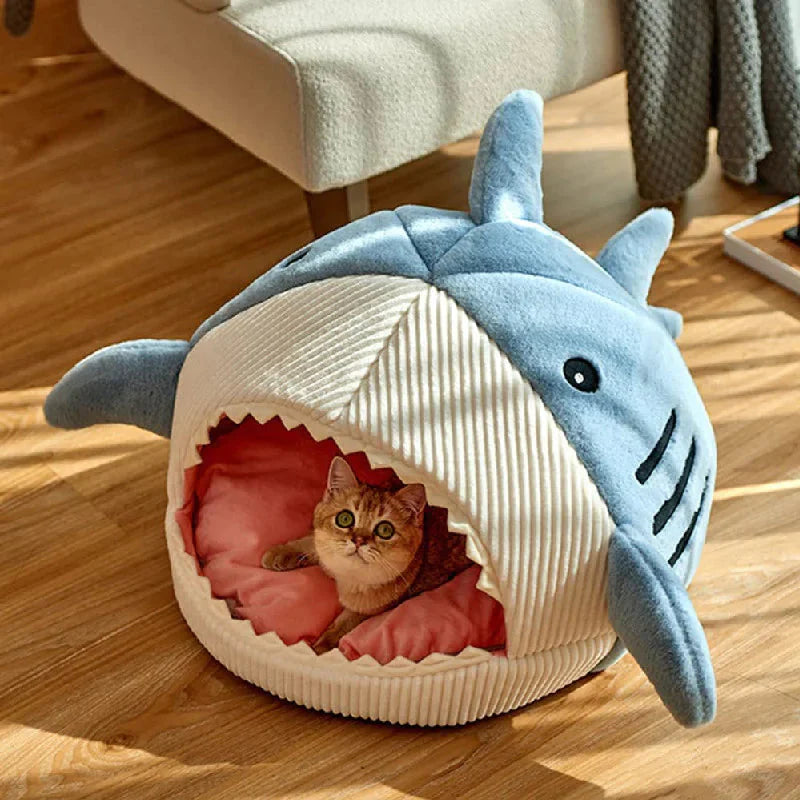 Luxury Plush Shark Pet Bed – Cozy Soft Sleeping Cave for Cats & Small Dogs
