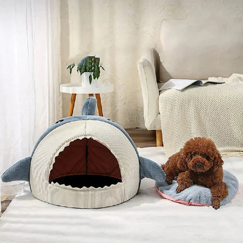 Luxury Plush Shark Pet Bed – Cozy Soft Sleeping Cave for Cats & Small Dogs