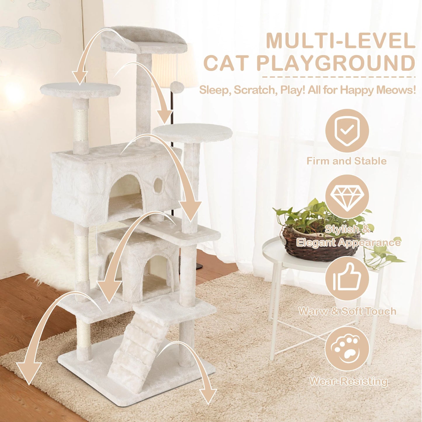 54" Cat Tree Tower – Multi-Level Activity Center with Scratching Posts, Condo, Platforms & Toy Ball (Beige)