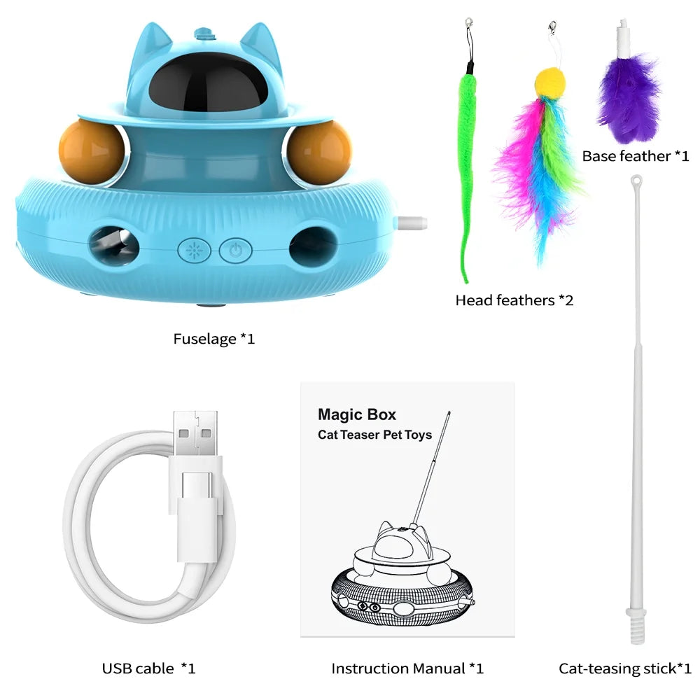 4-in-1 Interactive Cat Toy – USB Rechargeable Laser & Retractable Feather Wand, Indoor Play Activity (Blue)