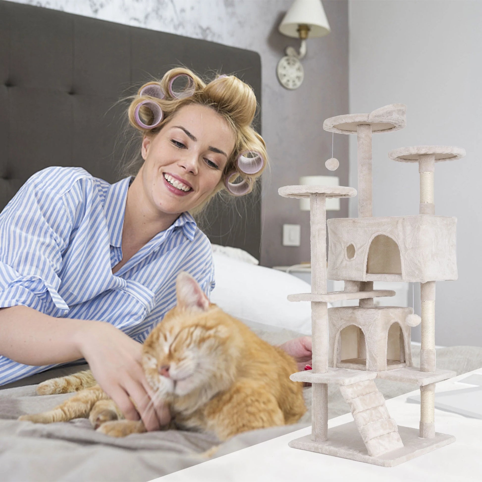 54" Cat Tree Tower – Multi-Level Activity Center with Scratching Posts, Condo, Platforms & Toy Ball (Beige)