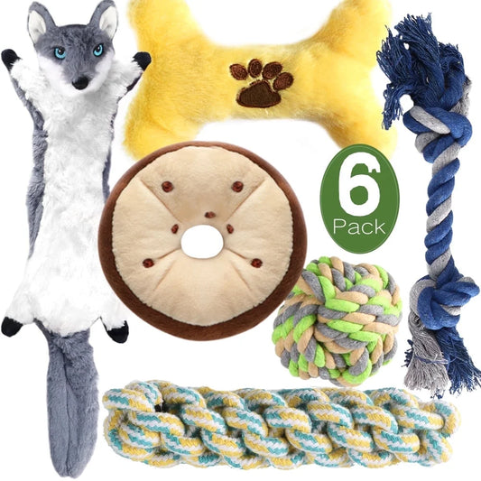 Dog Toy Set – 6 Pack Plush Squeaky & Rope Chew Toys for Small & Medium Dogs, Interactive & Teeth Cleaning