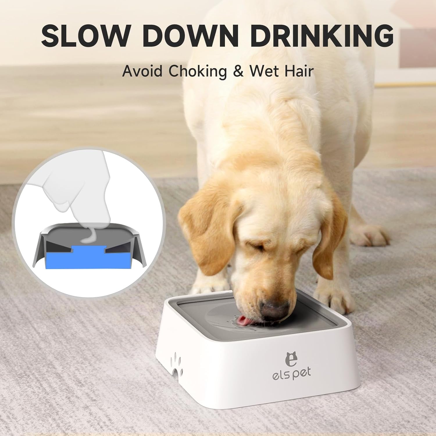 No-Spill Slow Water Feeder Bowl – 2L / 70oz Large Capacity Travel Bowl for Dogs & Cats (Grey)