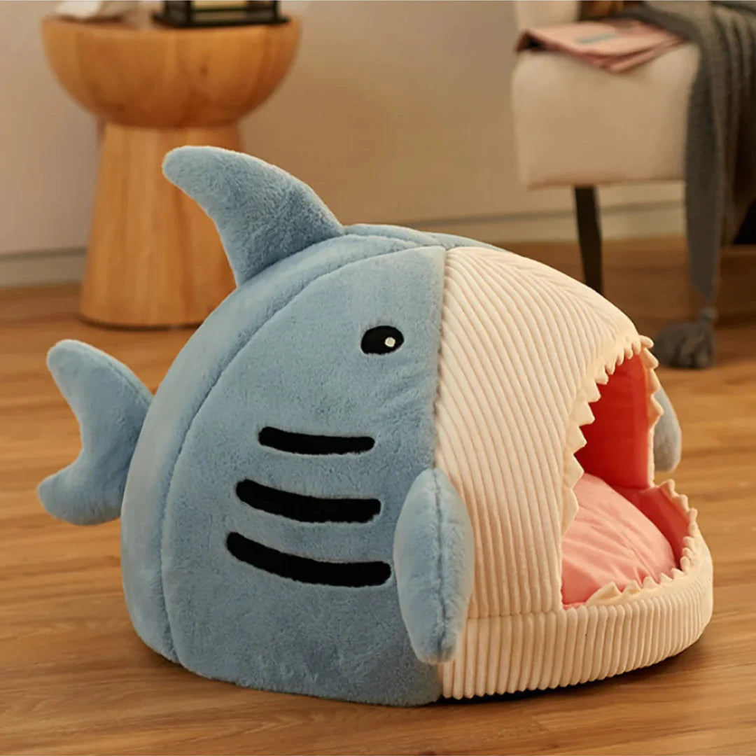 Luxury Plush Shark Pet Bed – Cozy Soft Sleeping Cave for Cats & Small Dogs