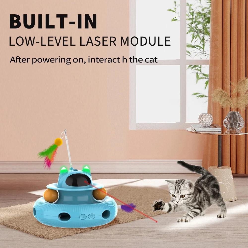 4-in-1 Interactive Cat Toy – USB Rechargeable Laser & Retractable Feather Wand, Indoor Play Activity (Blue)