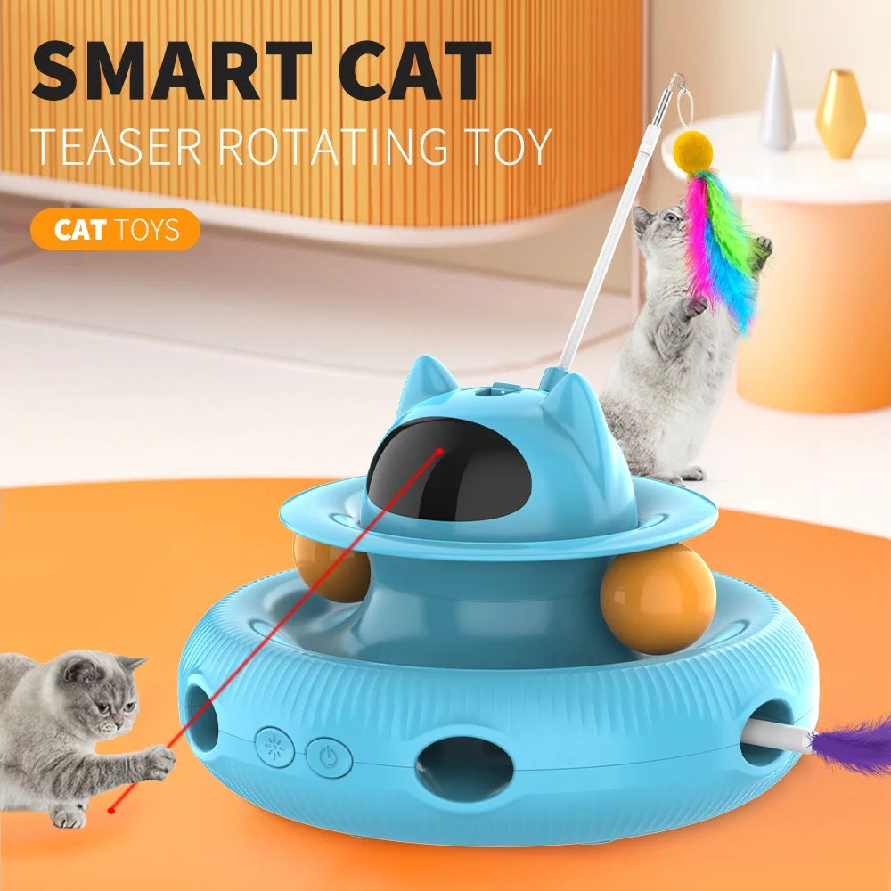 4-in-1 Interactive Cat Toy – USB Rechargeable Laser & Retractable Feather Wand, Indoor Play Activity (Blue)