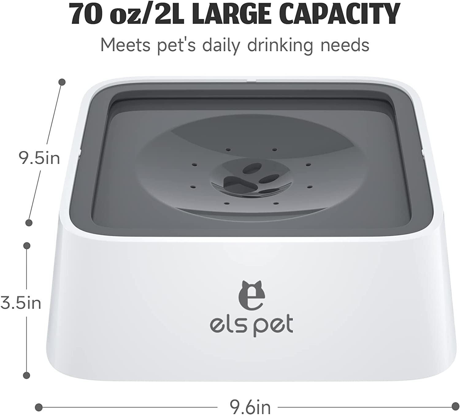 No-Spill Slow Water Feeder Bowl – 2L / 70oz Large Capacity Travel Bowl for Dogs & Cats (Grey)