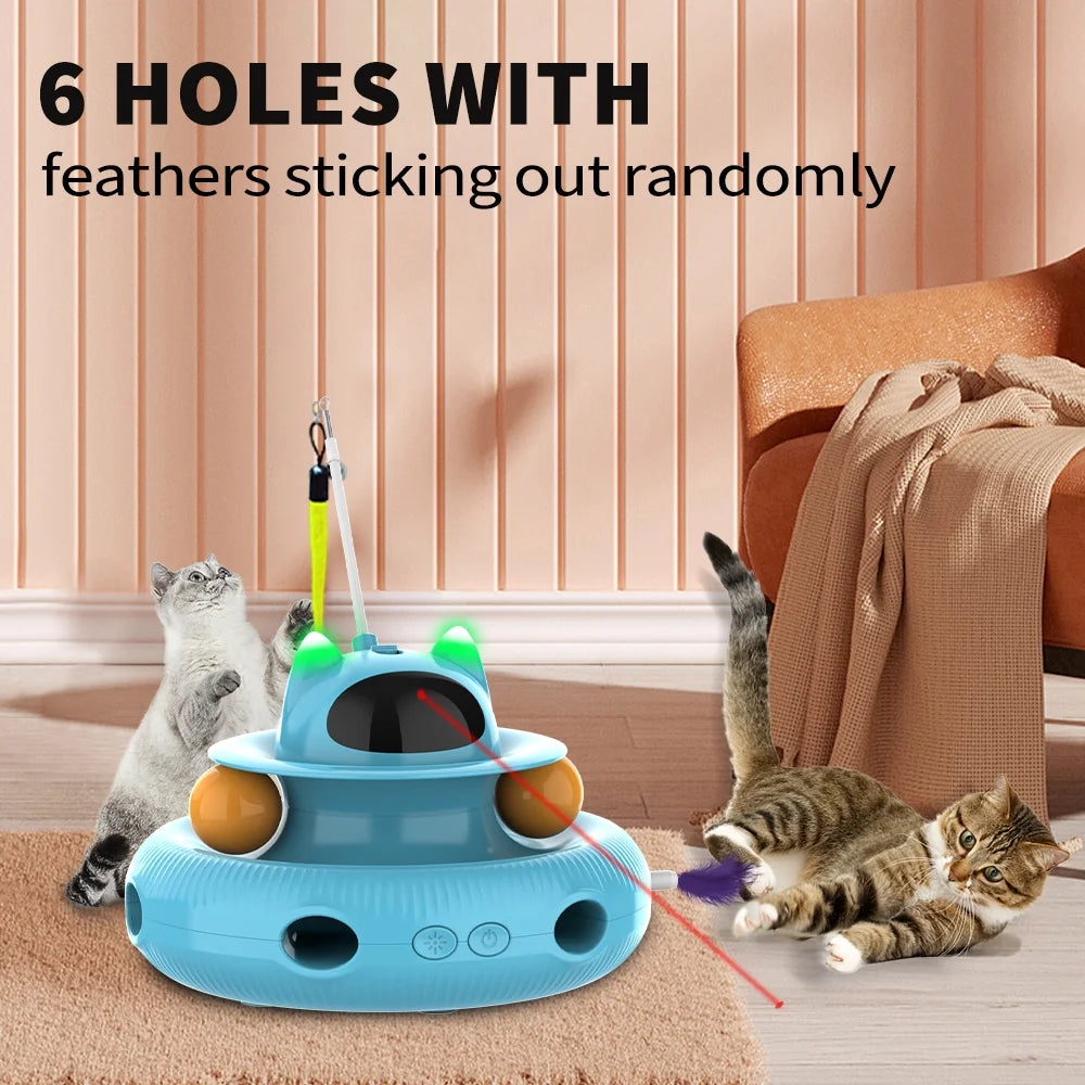 4-in-1 Interactive Cat Toy – USB Rechargeable Laser & Retractable Feather Wand, Indoor Play Activity (Blue)
